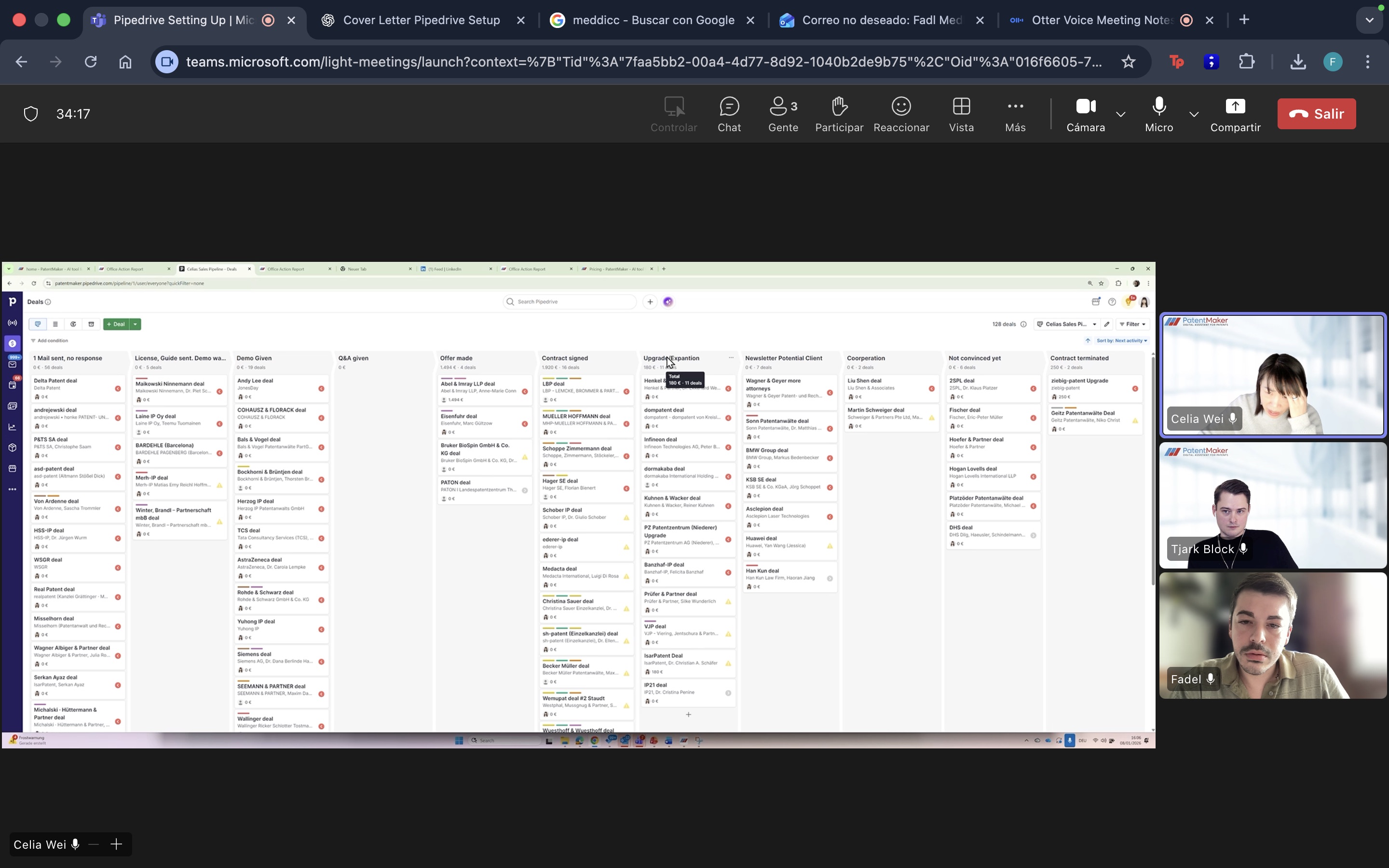 Screenshot de reunión de implementación para PatentMaker