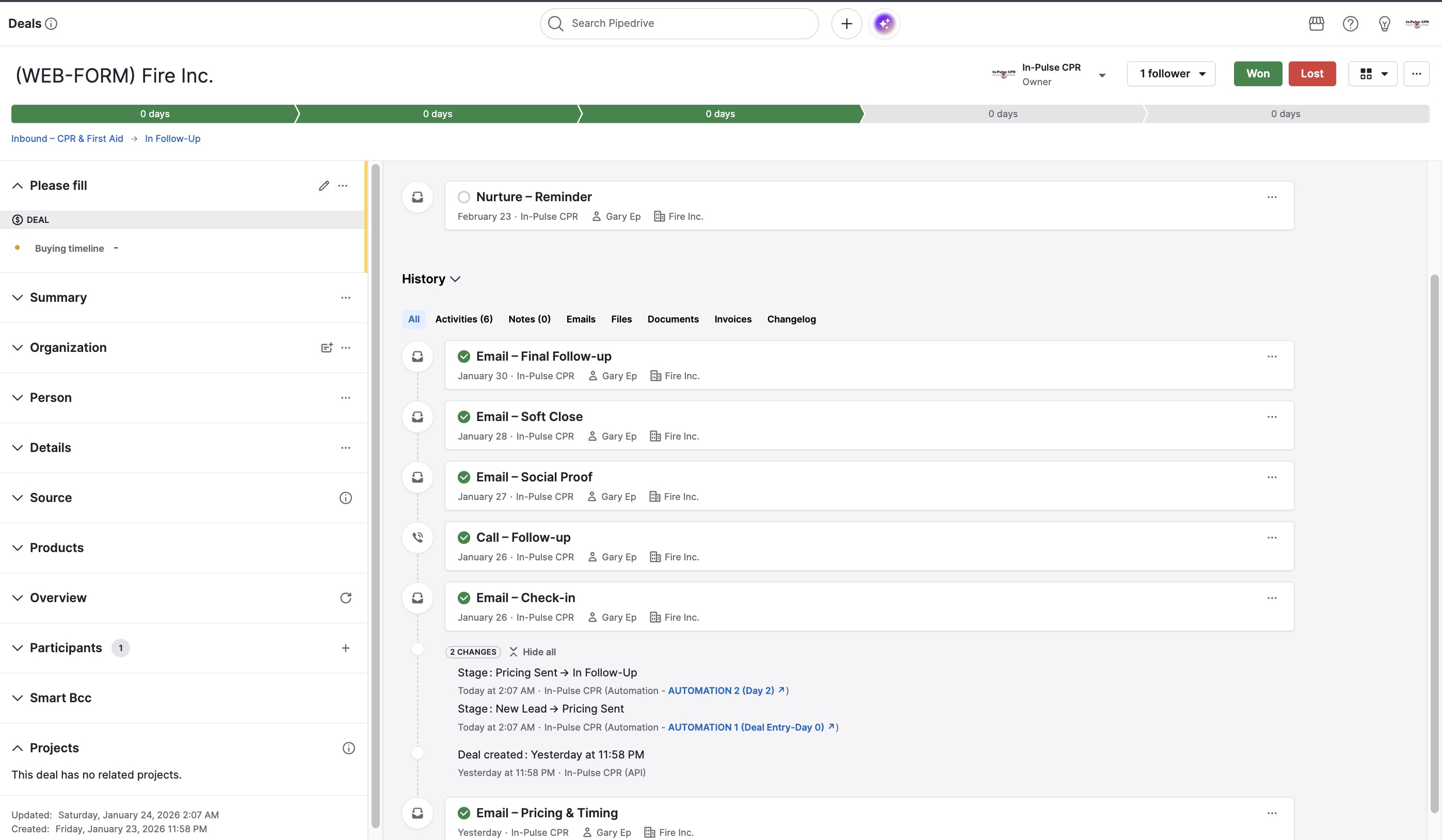 Screenshot de deal en Pipedrive para In-Pulse CPR