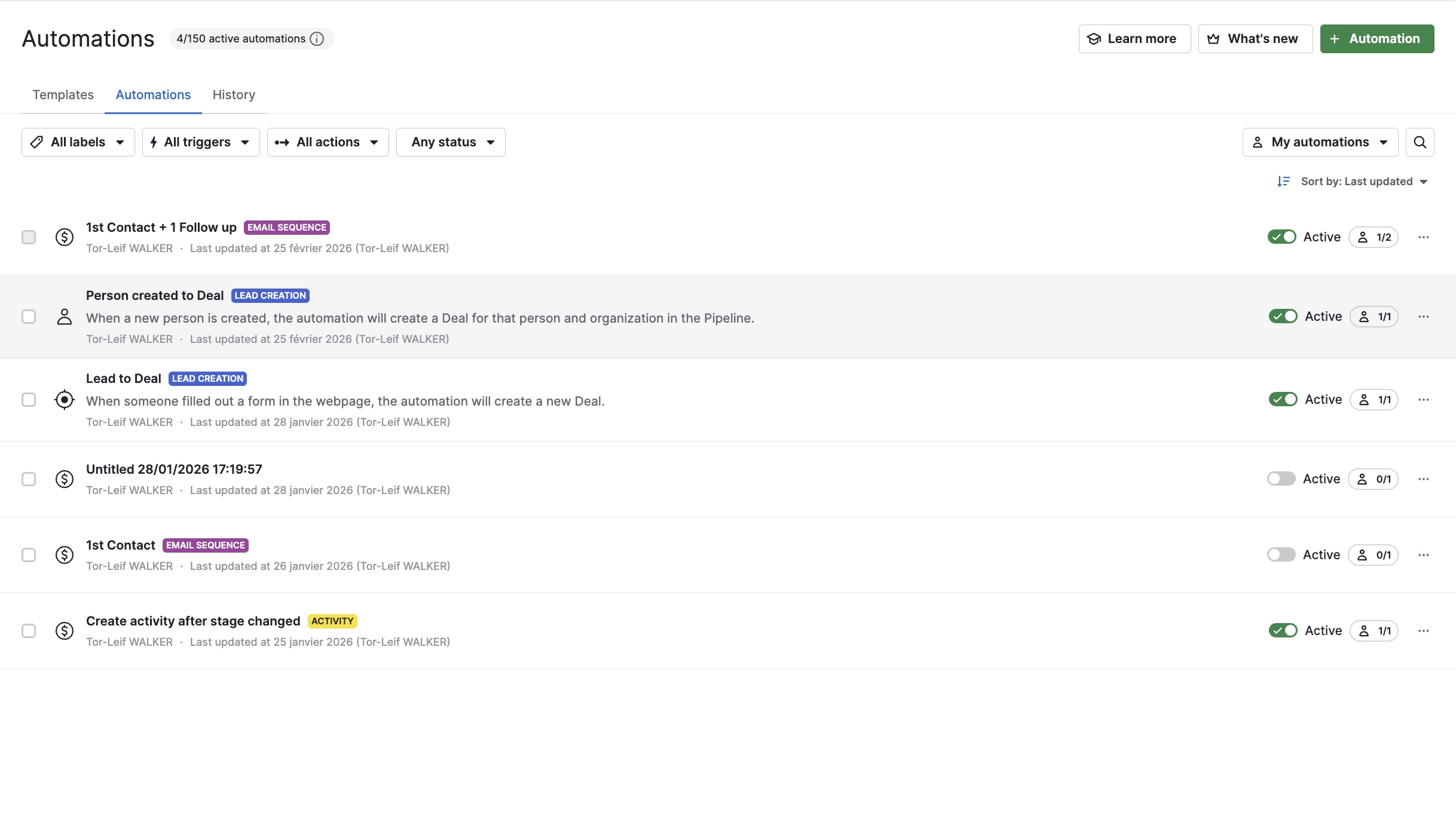 Screenshot de automatizaciones activas en Pipedrive para One Stone World